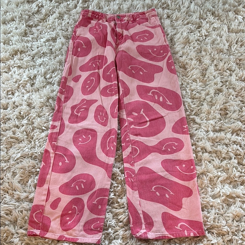 Pink Smiley Face Wide Leg Jeans